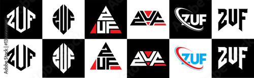 ZUF letter logo design in six style. ZUF polygon, circle, triangle, hexagon, flat and simple style with black and white color variation letter logo set in one artboard. ZUF minimalist and classic logo
