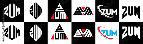 ZUM letter logo design in six style. ZUM polygon, circle, triangle, hexagon, flat and simple style with black and white color variation letter logo set in one artboard. ZUM minimalist and classic logo