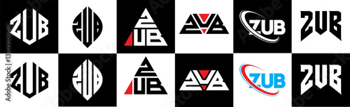 ZUB letter logo design in six style. ZUB polygon, circle, triangle, hexagon, flat and simple style with black and white color variation letter logo set in one artboard. ZUB minimalist and classic logo