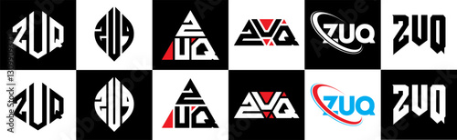ZUQ letter logo design in six style. ZUQ polygon, circle, triangle, hexagon, flat and simple style with black and white color variation letter logo set in one artboard. ZUQ minimalist and classic logo