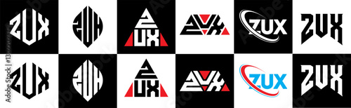 ZUX letter logo design in six style. ZUX polygon, circle, triangle, hexagon, flat and simple style with black and white color variation letter logo set in one artboard. ZUX minimalist and classic logo