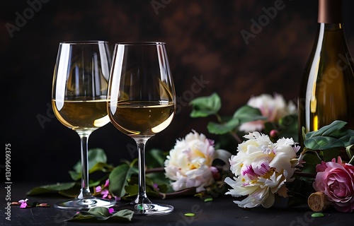 Two glasses of white wine and a bottle on a table with a bouquet of flowers against a dark background