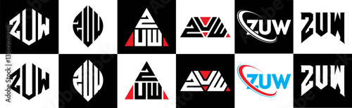 ZUW letter logo design in six style. ZUW polygon, circle, triangle, hexagon, flat and simple style with black and white color variation letter logo set in one artboard. ZUW minimalist and classic logo