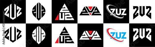 ZUZ letter logo design in six style. ZUZ polygon, circle, triangle, hexagon, flat and simple style with black and white color variation letter logo set in one artboard. ZUZ minimalist and classic logo
