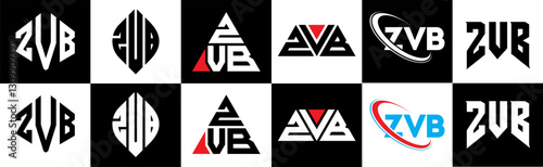 ZVB letter logo design in six style. ZVB polygon, circle, triangle, hexagon, flat and simple style with black and white color variation letter logo set in one artboard. ZVB minimalist and classic logo