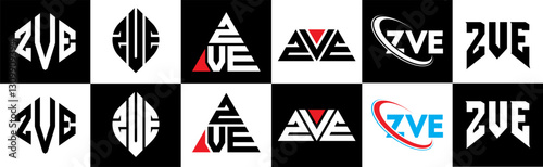 ZVE letter logo design in six style. ZVE polygon, circle, triangle, hexagon, flat and simple style with black and white color variation letter logo set in one artboard. ZVE minimalist and classic logo