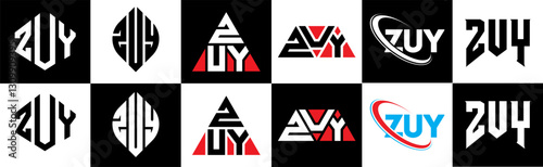 ZUY letter logo design in six style. ZUY polygon, circle, triangle, hexagon, flat and simple style with black and white color variation letter logo set in one artboard. ZUY minimalist and classic logo