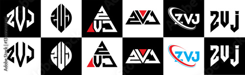 ZVJ letter logo design in six style. ZVJ polygon, circle, triangle, hexagon, flat and simple style with black and white color variation letter logo set in one artboard. ZVJ minimalist and classic logo
