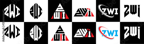 ZWI letter logo design in six style. ZWI polygon, circle, triangle, hexagon, flat and simple style with black and white color variation letter logo set in one artboard. ZWI minimalist and classic logo