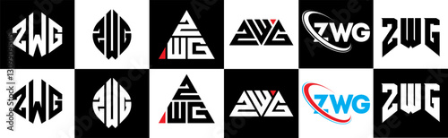 ZWG letter logo design in six style. ZWG polygon, circle, triangle, hexagon, flat and simple style with black and white color variation letter logo set in one artboard. ZWG minimalist and classic logo