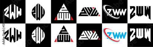 ZWW letter logo design in six style. ZWW polygon, circle, triangle, hexagon, flat and simple style with black and white color variation letter logo set in one artboard. ZWW minimalist and classic logo