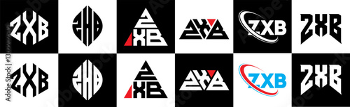 ZXB letter logo design in six style. ZXB polygon, circle, triangle, hexagon, flat and simple style with black and white color variation letter logo set in one artboard. ZXB minimalist and classic logo