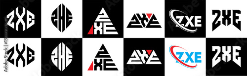 ZXE letter logo design in six style. ZXE polygon, circle, triangle, hexagon, flat and simple style with black and white color variation letter logo set in one artboard. ZXE minimalist and classic logo