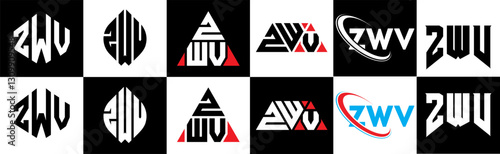 ZWV letter logo design in six style. ZWV polygon, circle, triangle, hexagon, flat and simple style with black and white color variation letter logo set in one artboard. ZWV minimalist and classic logo