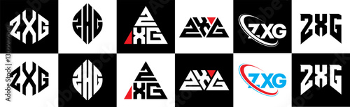 ZXG letter logo design in six style. ZXG polygon, circle, triangle, hexagon, flat and simple style with black and white color variation letter logo set in one artboard. ZXG minimalist and classic logo