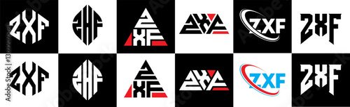 ZXF letter logo design in six style. ZXF polygon, circle, triangle, hexagon, flat and simple style with black and white color variation letter logo set in one artboard. ZXF minimalist and classic logo