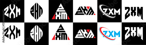 ZXM letter logo design in six style. ZXM polygon, circle, triangle, hexagon, flat and simple style with black and white color variation letter logo set in one artboard. ZXM minimalist and classic logo