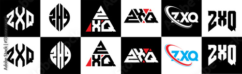 ZXQ letter logo design in six style. ZXQ polygon, circle, triangle, hexagon, flat and simple style with black and white color variation letter logo set in one artboard. ZXQ minimalist and classic logo