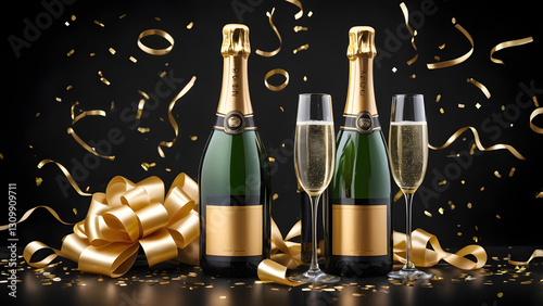 Elegant champagne bottles and flutes celebrating graduation, surrounded by golden ribbons and confetti