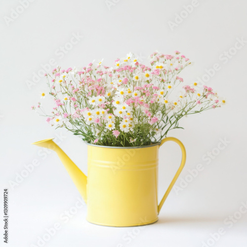 Wallpaper Mural A yellow watering can filled with pink and white flowers against a soft, white background, creating a fresh and cheerful aesthetic. Torontodigital.ca