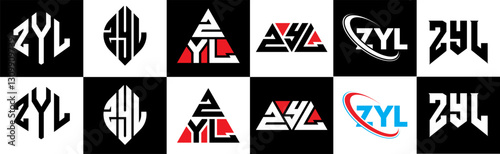 ZYL letter logo design in six style. ZYL polygon, circle, triangle, hexagon, flat and simple style with black and white color variation letter logo set in one artboard. ZYL minimalist and classic logo
