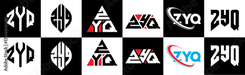 ZYQ letter logo design in six style. ZYQ polygon, circle, triangle, hexagon, flat and simple style with black and white color variation letter logo set in one artboard. ZYQ minimalist and classic logo