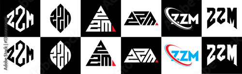 ZZM letter logo design in six style. ZZM polygon, circle, triangle, hexagon, flat and simple style with black and white color variation letter logo set in one artboard. ZZM minimalist and classic logo