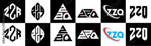 ZZQ letter logo design in six style. ZZQ polygon, circle, triangle, hexagon, flat and simple style with black and white color variation letter logo set in one artboard. ZZQ minimalist and classic logo