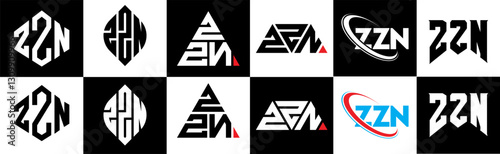 ZZN letter logo design in six style. ZZN polygon, circle, triangle, hexagon, flat and simple style with black and white color variation letter logo set in one artboard. ZZN minimalist and classic logo