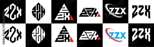 ZZX letter logo design in six style. ZZX polygon, circle, triangle, hexagon, flat and simple style with black and white color variation letter logo set in one artboard. ZZX minimalist and classic logo