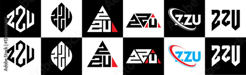 ZZU letter logo design in six style. ZZU polygon, circle, triangle, hexagon, flat and simple style with black and white color variation letter logo set in one artboard. ZZU minimalist and classic logo