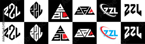 ZZL letter logo design in six style. ZZL polygon, circle, triangle, hexagon, flat and simple style with black and white color variation letter logo set in one artboard. ZZL minimalist and classic logo