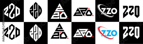ZZO letter logo design in six style. ZZO polygon, circle, triangle, hexagon, flat and simple style with black and white color variation letter logo set in one artboard. ZZO minimalist and classic logo