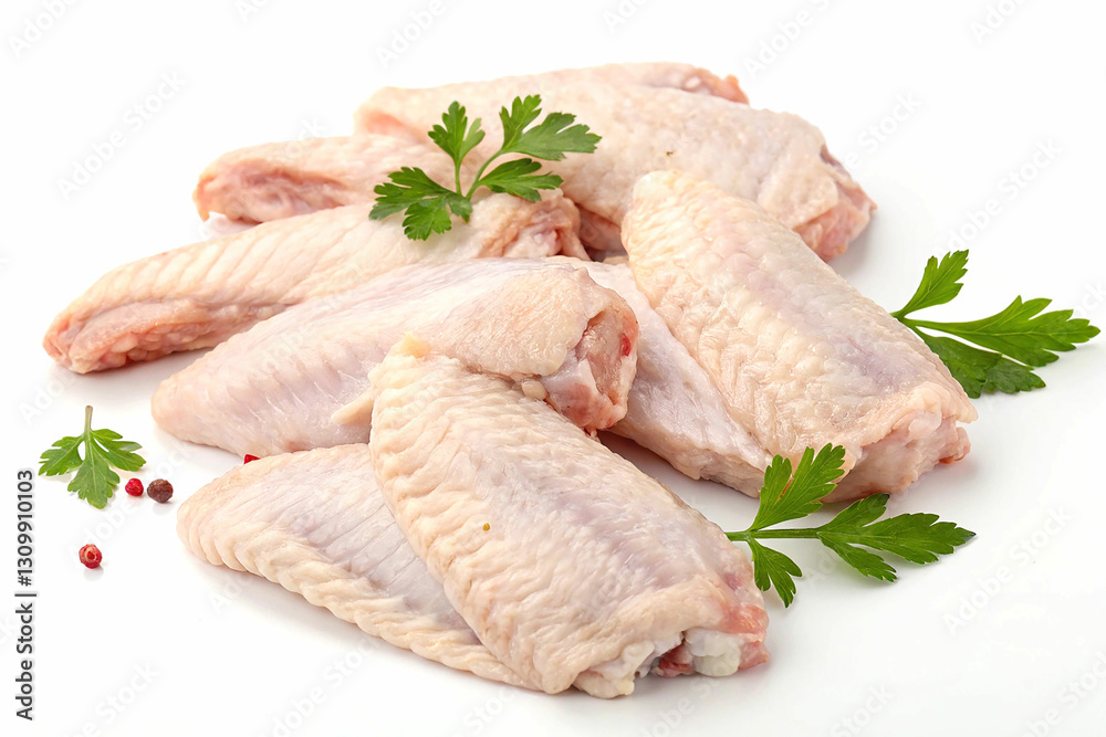 Close-up image of several fresh, raw chicken wings arranged on a white surface. Close-up image of several fresh, raw chicken wings arranged on a white surface.