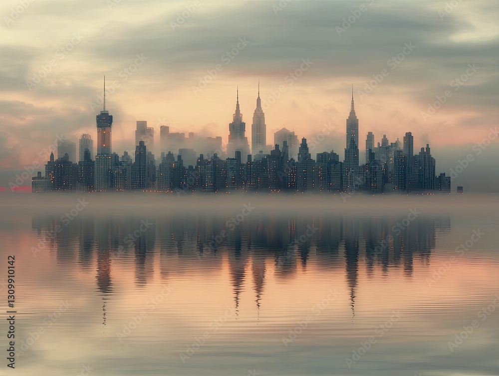 Obraz premium Dawn breaks over a city skyline, with semi silhouettes of buildings reflecting the awakening of urban innovation and growth.