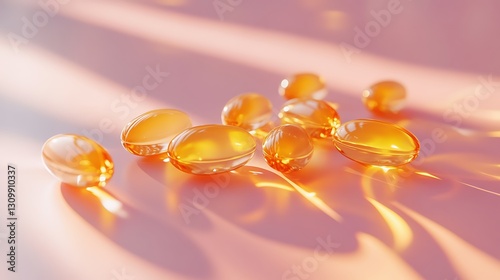 Golden pills scattered on soft pink surface with sunlight photo