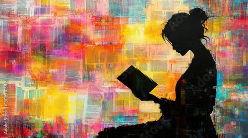 Silhouette of a Woman Reading a Book Against a Mixed Media Background of Pages and Colors