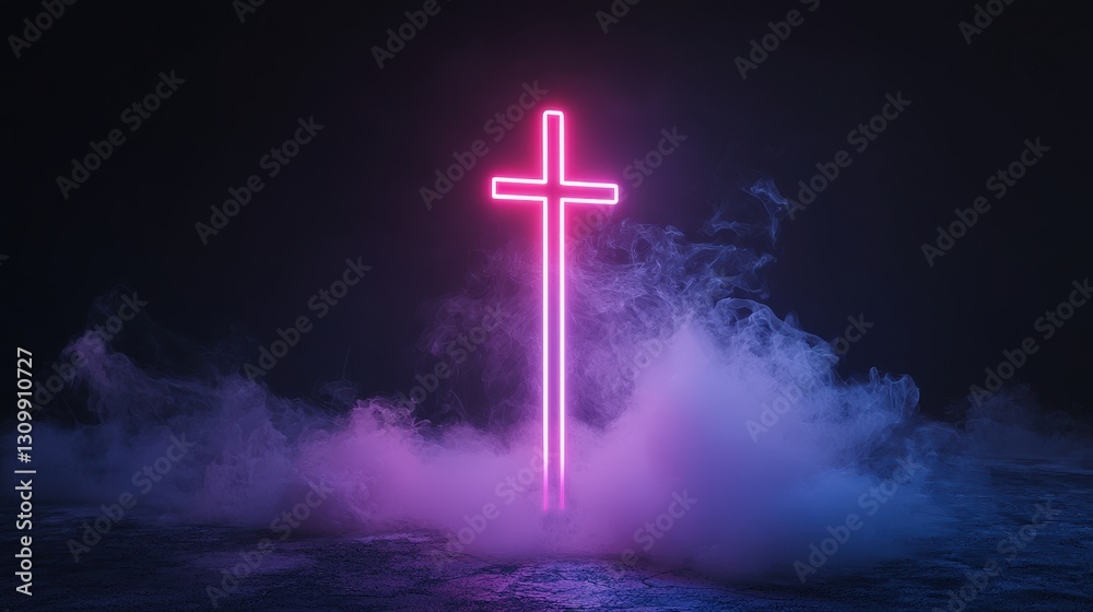 Fototapeta premium Glowing neon cross in smoky dark environment.