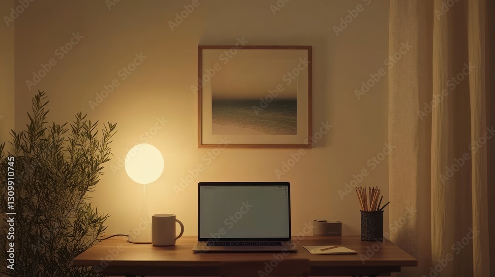 Obraz premium Cozy home office at night, laptop on desk, soft lighting, artwork