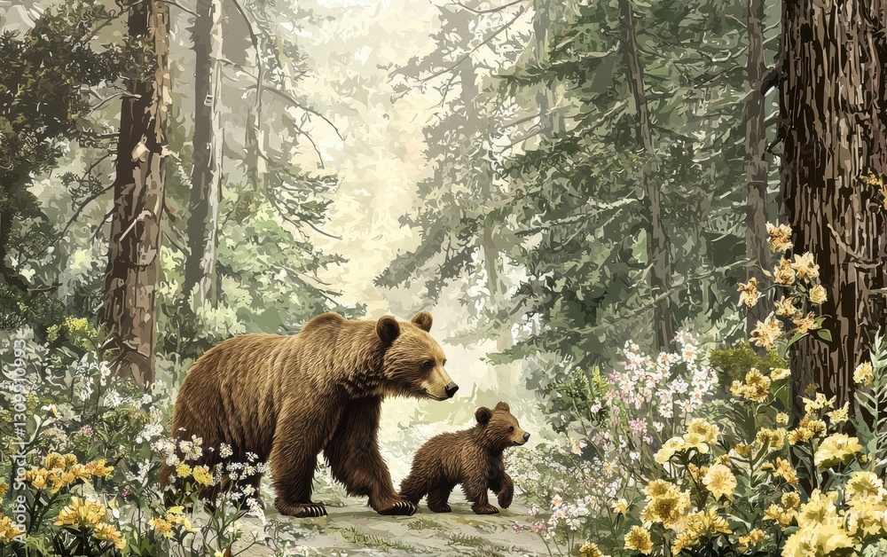 Obraz premium Mother Bear And Cub Walking Through A Spring Forest