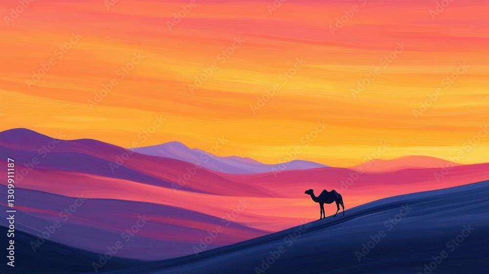 Serene Desert Landscape with Camel Against Vibrant Sunset Sky Serene Desert Landscape with Camel Against Vibrant Sunset Sky