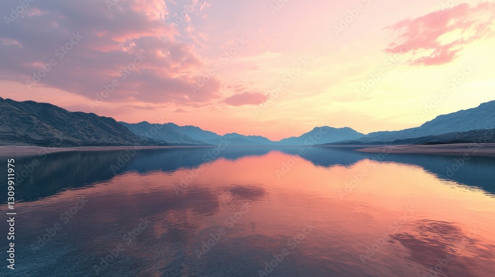 Obraz premium Serene Sunset Over Calm Lake with Reflections and Mountain Silhouettes