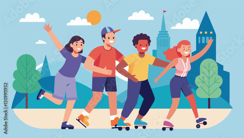 A group of friends taking on the challenge of the rollerblade marathon together laughing and cheering each other on as they pass iconic landmarks.. Vector illustration