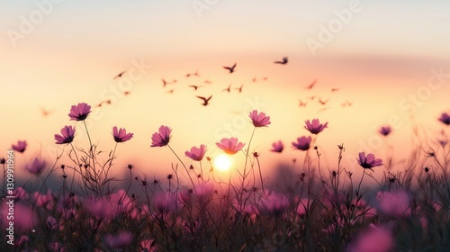 Serene Sunset Over Blooming Flowers and Gentle Birds in Sky