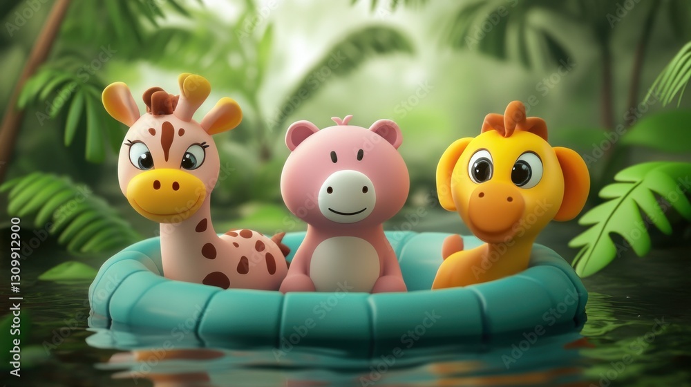 Three cute cartoon animals riding in a small inflatable boat Three cute cartoon animals riding in a small inflatable boat