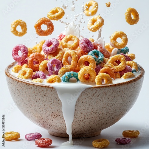 Colorful cereal rings splashing in milk within a ceramic bowl