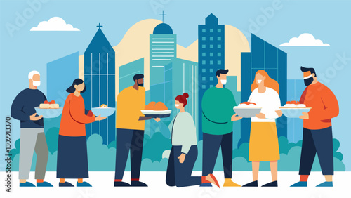 Surrounded by skyscrs a team of volunteers from the church serve warm meals and offer a helping hand to the homeless population living in the heart of. Vector illustration