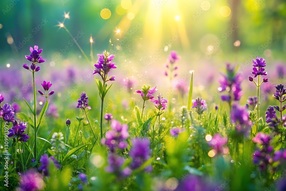 Fototapeta premium Vibrant Purple Wildflowers Bloom Under Sunny Morning Light