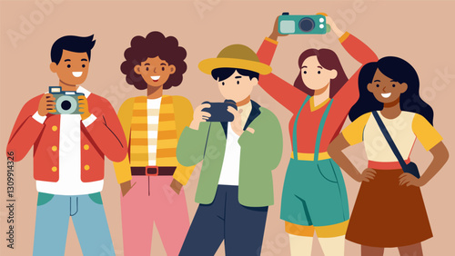 A group of teenagers snap photos of each other in their thrifted and DIYed outfits showing off their unique sense of style in the midst of vintage. Vector illustration