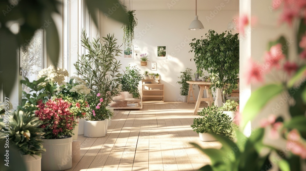 Fototapeta premium Sunlit indoor garden room, plants, flowers, peaceful home